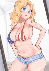 Rule 34 | 10s, 1girl, absurdres, american flag bikini, american flag print, belly grab, bikini, blonde hair, blue eyes, blue shorts, breasts, cleavage, commentary request, cowboy shot, cutoffs, denim, denim shorts, flag print, girls und panzer, gluteal fold, hand on own hip, head tilt, highres, kay (girls und panzer), large breasts, long hair, looking at viewer, open mouth, pinching, print bikini, reflection, shorts, skindentation, smile, solo, standing, sweat, swimsuit, thighs, toku (yhpv8752), weight conscious