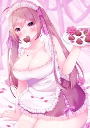 Rule 34 | 1girl, absurdres, alternate costume, apron, blonde hair, blush, breasts, candy, chocolate, chocolate heart, enmaided, flower, food, hair ribbon, heart, highres, ikebana, large breasts, looking at viewer, maid, maid apron, moe2021, original, petals, pink background, pink eyes, pink ribbon, ribbon, rose, seiza, sirasan09, sitting, solo, srkm828, twintails, valentine
