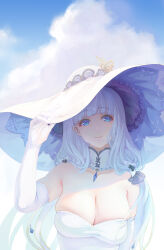 Rule 34 | 1girl, absurdres, azur lane, blue eyes, blue gemstone, breasts, cleavage, commentary request, detached collar, dress, elbow gloves, gem, gloves, hat, highres, holding, holding clothes, holding hat, huge breasts, illustrious (azur lane), lace-trimmed headwear, lace trim, light smile, long hair, looking at viewer, mole, mole under eye, partial commentary, solo, strapless, strapless dress, sun hat, theleopardcat, upper body, very long hair, white dress, white gloves, white hair, white hat, white theme