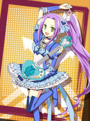 Rule 34 | 10s, 1girl, atakato, blue footwear, blue skirt, boots, cure beat, frilled skirt, frills, guitar, instrument, kurokawa eren, long hair, magical girl, precure, purple hair, seiren (suite precure), side ponytail, skirt, solo, standing, standing on one leg, suite precure, thigh boots, thighhighs, yellow eyes