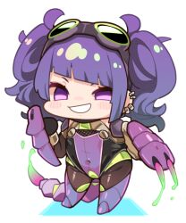 Rule 34 | 1girl, boots, brown pantyhose, chibi, claw (weapon), covered navel, earrings, full body, goggles, goggles on head, grin, idolmaster, idolmaster shiny colors, jewelry, leotard, looking at viewer, pantyhose, purple eyes, purple hair, simple background, smile, solo, tail, taimanin (series), taimanin suit, takato kurosuke, tanaka mamimi, thigh boots, twintails, weapon, white background