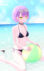 Rule 34 | 1girl, absurdres, ball, beach, beachball, bikini, black bikini, black choker, blue sky, blush, breasts, choker, cloud, commentary request, day, demon girl, demon tail, ear piercing, eyewear on head, food, gradient hair, green eyes, hair ornament, hairclip, heart, heart-shaped eyewear, highres, hololive, horizon, leg tattoo, looking at viewer, mouth hold, multi-strapped bikini top, multicolored hair, ocean, outdoors, partial commentary, piercing, pink hair, pointy ears, popsicle, puni (yuuki-0215), purple hair, short hair, side-tie bikini bottom, sitting, sky, small breasts, solo, swimsuit, tail, tattoo, tokoyami towa, virtual youtuber, wariza, water