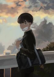 Rule 34 | 1boy, bag, black hair, blunt bangs, bowl cut, closed mouth, cloud, cloudy sky, cowboy shot, day, floating hair, from side, gakuran, guard rail, hand up, highres, jacket, kageyama shigeo, long sleeves, looking at viewer, looking to the side, male focus, mask, mask pull, mob psycho 100, mouth mask, nemakkki, outdoors, pants, plant, railing, school bag, school uniform, short hair, sky, solo
