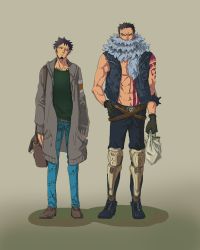 Rule 34 | 2boys, abs, absurdres, adapted costume, arm at side, arm tattoo, armlet, bag, bare arms, bare pectorals, bare shoulders, belt, belt buckle, black hair, boots, breast pocket, buckle, buttons, casual, charlotte katakuri, chest tattoo, closed mouth, coat, collarbone, contemporary, covered mouth, denim, denim vest, earrings, facial hair, full body, gloves, hand in pocket, hand on own hip, head tilt, highres, holding, holding bag, hood, hood down, hooded coat, jewelry, leg armor, living (pixiv5031111), long sideburns, long sleeves, looking at another, looking to the side, male focus, messy hair, multiple boys, muscular, muscular male, navel, one piece, open clothes, open vest, pants, pectorals, pocket, punk, scar, scarf, topless male, shoes, shopping bag, short hair, shoulder bag, sideburns, skull, spiked armlet, spikes, standing, stitches, stomach, stomach tattoo, sweater, tattoo, trafalgar law, unbuttoned, very short hair, vest