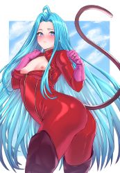 Rule 34 | 1girl, absurdres, ahoge, blue hair, blush, bodysuit, boots, breasts, cosplay, granblue fantasy, highres, incloud, long hair, looking at viewer, lyria (granblue fantasy), nipples, open clothes, persona, persona 5, purple eyes, red bodysuit, shiny clothes, small breasts, solo, tail, takamaki anne, takamaki anne (cosplay), thigh boots, thighhighs, very long hair