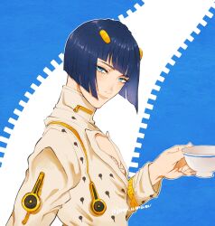 Rule 34 | 1boy, black hair, blue background, blue eyes, blunt bangs, bob cut, bruno bucciarati, cup, from side, hair ornament, hairclip, highres, holding, holding cup, jacket, jojo no kimyou na bouken, looking at viewer, male focus, mm umum, pectoral cleavage, pectorals, short hair, smile, solo, two-tone background, upper body, vento aureo, white background, white jacket, zipper, zipper pull tab