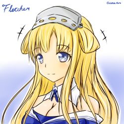 Rule 34 | 1girl, blonde hair, blue background, blue eyes, blue shirt, breasts, character name, cheese tara, cleavage, commentary request, double bun, fletcher (kancolle), gradient background, hair bun, kantai collection, large breasts, off shoulder, sailor collar, school uniform, serafuku, shirt, solo, split mouth, twitter username, upper body, white background, white sailor collar, yellow neckwear