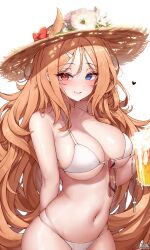 Rule 34 | 1girl, absurdres, animal ears, archetto (arknights), arknights, beer mug, bikini, blue eyes, blush, breasts, brown hair, brown hat, cleavage, cowboy shot, cross, cross necklace, cup, ears through headwear, hat, heart, heterochromia, highres, jewelry, large breasts, lilac (k32420276), long hair, looking at viewer, mug, navel, necklace, red eyes, simple background, skindentation, smile, solo, sunglasses, swimsuit, unworn eyewear, white background, white bikini