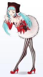 Rule 34 | 1girl, aqua hair, bare shoulders, bib (bibboss39), black choker, breasts, brown headwear, choker, claw pose, cleavage, detached sleeves, hatsune miku, high heels, highres, leaning forward, nail polish, pantyhose, project diva (series), red footwear, red nails, shoes, small breasts, solo, striped clothes, striped pantyhose, twintails, vocaloid, yellow eyes