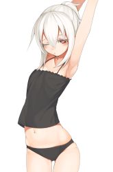 Rule 34 | 1girl, arched back, armpits, arms up, bad id, bad nicoseiga id, black panties, camisole, colored eyelashes, cowboy shot, frilled camisole, frills, grey theme, hair between eyes, looking at viewer, navel, no pants, one eye closed, original, outstretched arms, panties, red eyes, seramikku, short hair, sidelocks, silver hair, simple background, skindentation, solo, stretching, thighs, underwear, underwear only, white background