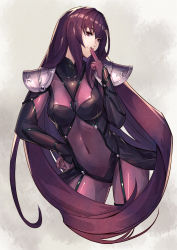 Rule 34 | 1girl, armor, bodysuit, breasts, covered navel, fate/grand order, fate (series), fingers to mouth, hair intakes, highres, kikken, large breasts, leotard, long hair, purple bodysuit, purple hair, purple leotard, red eyes, scathach (fate), scathach (fate), shoulder armor, smile