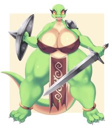 Rule 34 | 1girl, breasts, brown eyes, highres, lizard, murasuke, nipples, open mouth, shield, solo, sword, weapon