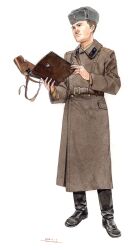 Rule 34 | 1boy, bag, belt, belt buckle, black eyes, black footwear, boots, brown bag, brown belt, brown coat, brown hair, brown shirt, buckle, buttons, closed mouth, coat, collar tabs, collared coat, collared shirt, dated, double-breasted, epaulettes, full body, fur hat, hat, hat ornament, highres, holding, holding bag, horikou, lips, long sleeves, looking at object, male focus, messenger bag, military, military hat, military uniform, nose, original, pocket, realistic, red star, shirt, short hair, shoulder bag, signature, simple background, solo, soviet, soviet army, star (symbol), star hat ornament, uniform, ushanka, very short hair, white background