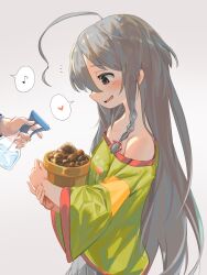 1girl 1other absurdres ahoge bare_shoulders blush bottle braid flower_pot grey_eyes grey_hair heart highres holding holding_flower_pot hoshi_syoko huge_ahoge idolmaster idolmaster_cinderella_girls long_hair mushroom musical_note off-shoulder_shirt off_shoulder parted_lips profile revision shirt side_braid skirt smile solo_focus spoken_heart spoken_musical_note spray_bottle takesoboro very_long_hair