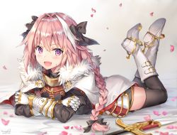 Rule 34 | 1boy, :d, armor, astolfo (fate), bed sheet, black bow, black thighhighs, blush, boots, bow, braid, cape, collar, crossed ankles, fang, fate/apocrypha, fate (series), faulds, fur-trimmed cape, fur trim, gauntlets, gold trim, gorget, gradient background, grey background, hair between eyes, hair bow, hair intakes, knee boots, long hair, looking at viewer, male focus, momoko (momopoco), multicolored hair, open mouth, petals, pink hair, purple eyes, revision, single braid, smile, solo, streaked hair, sword, thighhighs, thighhighs under boots, trap, v-shaped eyebrows, very long hair, weapon, white cape, white footwear, white hair, zettai ryouiki