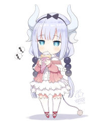 Rule 34 | + +, 10s, 1girl, 2017, artist name, black bow, black ribbon, blue eyes, blue hair, blush, bow, capelet, capriccio, center frills, chibi, crepe, dated, dragon horns, dress, eating, food, frills, full body, hair ribbon, head tilt, heart, hibanar, holding, holding food, horns, kanna kamui, kobayashi-san chi no maidragon, long hair, long sleeves, low twintails, pink shirt, red footwear, ribbon, shadow, shirt, shoes, signature, solo, speech bubble, standing, tail, thighhighs, thighs, twintails, very long hair, white background, white dress, white thighhighs, zettai ryouiki
