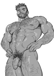 Rule 34 | 1boy, abs, absurdres, alternate body hair, alternate facial hair, arm hair, armpit hair, armpit hair peek, bara, beard, body hair, chest hair, completely nude, facial hair, flaccid, foreskin, from below, greyscale, hairy, hands on own hips, highres, kuma (suyohara), large pectorals, leg hair, long sideburns, male focus, male pubic hair, mature male, monochrome, muscular, muscular male, mustache, navel, navel hair, nipples, nude, original, pectorals, pubic hair, short hair, sideburns, solo, stomach, stubble, suyohara, thick eyebrows, thick thighs, thighs