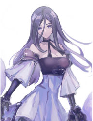 Rule 34 | 1girl, 3ch , bare shoulders, bow, breasts, choker, cleavage, collarbone, detached sleeves, drag-on dragoon, drag-on dragoon 3, dress, elbow gloves, facial mark, forehead mark, gloves, hair between eyes, hair ornament, hairclip, highres, long hair, miichinori, purple dress, purple eyes, purple gloves, purple hair, ribbon choker, roman numeral, solo, three (drag-on dragoon), white background