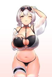 Rule 34 | 1girl, alternate costume, azur lane, bikini, black bikini, blush, breasts, choker, cleavage, collarbone, commentary request, eyewear on head, gradient background, groin, hair between eyes, hand on own chest, hand up, heart, heart-shaped eyewear, highres, large breasts, leaning forward, looking at viewer, navel, o-ring, o-ring top, okamen, one eye closed, parted lips, red eyes, scrunchie, see-through, short hair, sirius (azur lane), sirius (scorching-hot seirios) (azur lane), solo, sunglasses, swimsuit, thigh strap, white hair, wrist scrunchie