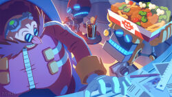 Rule 34 | big the cat, chicken (food), commentary request, cubot, cup, dr. eggman, drinking straw, facial hair, food, french fries, fruit, glasses, gloves, goggles, goggles on head, lime (fruit), lime slice, long sleeves, looking at another, male focus, mustache, official art, orbot, robot, ruler, sitting, smile, sonic (series), uno yuuji, white gloves