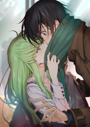 Rule 34 | 1boy, 1girl, ahoge, black hair, blush, brown coat, c.c., coat, code geass, collared shirt, couple, creayus, earrings, eye contact, green hair, green scarf, height difference, hetero, jewelry, kiss, lelouch vi britannia, long hair, long sleeves, looking at another, purple eyes, scarf, scarf grab, shirt, short hair, upper body, white shirt, wide-eyed, yellow eyes