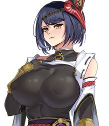Rule 34 | 1girl, absurdres, bad id, bad pixiv id, bare shoulders, black hair, bodysuit, breasts, covered erect nipples, detached sleeves, frown, genshin impact, hand on own chest, highres, kujou sara, large breasts, looking at viewer, loooyd, mask, mask on head, short hair, simple background, solo, tengu mask, upper body, white background, yellow eyes