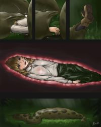 Rule 34 | 1girl, animal, arms at sides, blonde hair, boots, breasts, breath, brown eyes, bulge, comic, day, ganima, grass, inside creature, left-to-right manga, long sleeves, open mouth, original, outdoors, restrained, shirt, silent comic, snake, swallowing, vore, wet, white shirt