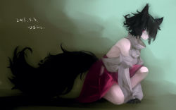 Rule 34 | 1girl, alternate hair color, animal ears, backless outfit, black hair, detached sleeves, full body, inubashiri momiji, long sleeves, looking at viewer, namauni, red eyes, shirt, skirt, solo, squatting, tail, touhou, turtleneck, wallpaper, wide sleeves, wolf ears, wolf tail