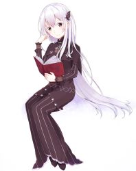 Rule 34 | 1girl, black capelet, black dress, black footwear, blush, book, brown hair, capelet, closed mouth, colored eyelashes, dress, echidna (re:zero), floating hair, full body, hair between eyes, hair ornament, hand in own hair, holding, invisible chair, long dress, long hair, long sleeves, nemu mohu, open book, re:zero kara hajimeru isekai seikatsu, reading, silver hair, simple background, sitting, smile, solo, striped clothes, striped dress, vertical-striped clothes, vertical-striped dress, very long hair, white background