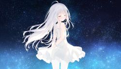 Rule 34 | 1girl, ahoge, backless dress, backless outfit, bare arms, bare shoulders, closed eyes, closed mouth, commentary request, dress, from behind, grey hair, hair between eyes, long hair, looking at viewer, looking back, night, night sky, original, outdoors, pleated dress, shiratama (shiratamaco), sky, sleeveless, sleeveless dress, solo, standing, star (sky), starry sky, very long hair, white dress