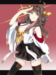 Rule 34 | 10s, 1girl, bad id, bad pixiv id, bare shoulders, black thighhighs, blush, boots, breasts, brown hair, burnt clothes, detached sleeves, double bun, frilled skirt, frills, hair bun, hair ornament, hairband, headgear, japanese clothes, kantai collection, kongou (kancolle), long hair, nontraditional miko, personification, ribbon-trimmed sleeves, ribbon trim, salute, skirt, smile, solo, sukiniyaru, thigh boots, thighhighs