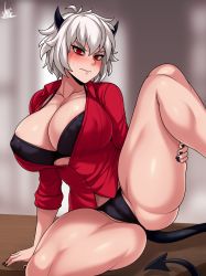Rule 34 | 1girl, absurdres, ahoge, alternate breast size, black bra, black horns, black nails, black panties, black tail, blurry, blurry background, blush, bra, breasts, covered erect nipples, curvy, demon girl, demon horns, demon tail, gluteal fold, helltaker, highres, horns, jmg, large breasts, malina (helltaker), nail polish, nipples, panties, red eyes, short hair, signature, spread legs, sweat, sweatdrop, table, tail, thick thighs, thighs, tsundere, underwear, wavy mouth, white hair