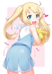 Rule 34 | 1girl, :3, :d, ass, ass shake, bare shoulders, blonde hair, blue shirt, blue skirt, blush, cheerleader, commentary request, detached wings, green eyes, heart, highres, himesaka noa, holding, kirisame mia, long hair, looking at viewer, looking back, mini wings, open mouth, pink background, pom pom (cheerleading), shirt, sidelocks, skirt, sleeveless, sleeveless shirt, smile, solo, twintails, two-tone background, very long hair, watashi ni tenshi ga maiorita!, white background, white wings, wings