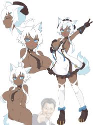 Rule 34 | 1boy, 1girl, ahoge, animal ears, blue eyes, blush, character request, convenient censoring, dark skin, dress, fang, fox tail, gloves, hair ornament, hairclip, highres, multiple views, nude, open mouth, original, parted lips, ribbon, simple background, smile, tail, thighhighs, v, white background, white hair, wolf ears, yum shishi