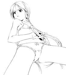 Rule 34 | 1girl, breasts, collarbone, greyscale, kyoutarou, long hair, looking to the side, monochrome, navel, original, parted lips, shirasaya, simple background, small breasts, solo, spread legs, suzuki kyoutarou, sword, underwear, underwear only, unsheathed, weapon, white background