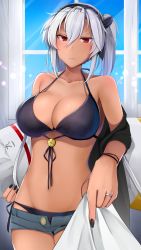 Rule 34 | 1girl, absurdres, bikini, black bikini, black nails, blonde hair, blue sky, blush, breasts, cleavage, collarbone, commentary request, dark-skinned female, dark skin, day, eyewear on head, glasses, groin, hair between eyes, highres, holding, indoors, jewelry, kantai collection, large breasts, light particles, long hair, looking at viewer, micro shorts, musashi (kancolle), musashi kai ni (kancolle), nail polish, navel, open clothes, open shorts, pointy hair, red eyes, ring, semi-rimless eyewear, short hair, short shorts, shorts, side-tie bikini bottom, sky, solo, stomach, sunlight, swimsuit, thighs, twintails, two side up, wedding band, window, yunamaro