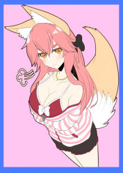 Rule 34 | 1girl, :3, animal ear fluff, animal ears, black ribbon, blush, bra, breasts, cleavage, collarbone, fate/extella, fate/extra, fate/extra ccc, fate/grand order, fate (series), fox ears, fox girl, fox tail, large breasts, long hair, looking at viewer, looking up, official alternate costume, open clothes, open shirt, pink background, pink bra, pink hair, puff of air, ribbon, shirt, simple background, solo, striped clothes, striped shirt, tail, tamamo (fate), tamamo no mae (fate/extra), tamamo no mae (spring casual) (fate), totororo, underwear, yellow eyes
