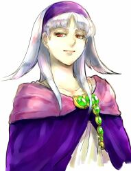 Rule 34 | 1girl, cape, closed mouth, collarbone, gensou suikoden, gensou suikogaiden, hairband, ikunosake, jewelry, lips, long hair, looking at viewer, red eyes, sierra mikain, simple background, solo, white background, white hair