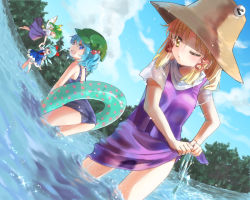 Rule 34 | 4girls, ass, bad id, bad pixiv id, blonde hair, blue eyes, blue hair, bow, chikamichi (ssssgirl), cirno, cloud, daiyousei, day, dress, dutch angle, fairy wings, green hair, hair bobbles, hair bow, hair ornament, hat, kawashiro nitori, lake, moriya suwako, multiple girls, one-piece swimsuit, one eye closed, school swimsuit, short hair, side ponytail, skirt, sky, swimsuit, touhou, twintails, two side up, wading, wings, wink, wringing clothes, yellow eyes