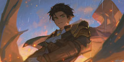 Rule 34 | 1boy, alzi xiaomi, armor, ascot, brown hair, cape, claude von riegan, earrings, embers, fire emblem, fire emblem: three houses, fire emblem warriors: three hopes, gloves, green eyes, highres, jewelry, looking at viewer, male focus, nintendo, pauldrons, short hair, shoulder armor, smile, solo, upper body, v-shaped eyebrows, vambraces, white gloves