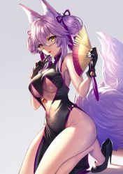 Rule 34 | 1girl, animal ear fluff, animal ears, arm support, armpit crease, bare shoulders, bell, black dress, black footwear, breasts, center opening, china dress, chinese clothes, dress, dutch angle, earrings, fate/grand order, fate (series), folding fan, glasses, gloves, gradient background, groin, hair ornament, hair ribbon, hand fan, heirou, high heels, holding, holding fan, jewelry, jingle bell, kneeling, koyanskaya (chinese lostbelt outfit) (fate), koyanskaya (fate), large breasts, long hair, looking at viewer, mouth hold, one eye closed, open mouth, pelvic curtain, pink hair, pointing, pointing at self, purple-framed eyewear, purple ribbon, ribbon, semi-rimless eyewear, shiny skin, simple background, smile, solo, tail, tamamo (fate), tassel, thighs, underboob, very long hair, yellow eyes