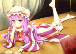 Rule 34 | 1girl, book, crescent, female focus, hand on own face, hat, highres, long hair, lying, on stomach, open book, pantyhose, patchouli knowledge, purple eyes, purple hair, solo, striped, sumtj, touhou