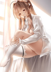 Rule 34 | 1girl, absurdres, ahoge, amagi brilliant park, ass, bed, bed sheet, breasts, brown eyes, cleavage, collared shirt, commentary, curtains, dress shirt, english commentary, hair between eyes, hair ornament, hair ribbon, highres, indoors, long hair, looking at viewer, medium breasts, mouth hold, on bed, open clothes, open shirt, ribbon, sento isuzu, shirt, sidelocks, signature, sitting, solo, sunlight, thighhighs, thighs, white shirt, white thighhighs, window, zasshu