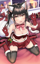 Rule 34 | 1girl, animal ears, bell, black hair, black thighhighs, blush, boots, bow, bowtie, breasts, cat ears, christmas, claw pose, cleavage, earrings, fang, full body, fur-trimmed boots, fur-trimmed gloves, fur-trimmed skirt, fur trim, gloves, green bow, hat, unworn hat, unworn headwear, highleg, highleg panties, highres, jewelry, looking at viewer, medium breasts, minamura haruki, navel, open mouth, original, panties, paw print, pink bow, pink bowtie, plaid, plaid bow, pleated skirt, red bow, red footwear, red gloves, red skirt, sack, santa hat, sitting, skin fang, skindentation, skirt, snowing, snowman hair ornament, solo, star (symbol), star earrings, sweatdrop, thighhighs, twintails, underwear, wariza, wavy mouth, yellow eyes