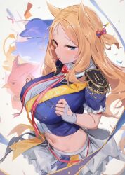 Rule 34 | 1girl, alternate breast size, animal ears, archetto (arknights), archetto (publicity strategy) (arknights), arknights, bird, blonde hair, blue bird, blue eyes, blush, breasts, clothing cutout, confetti, crop top, fingerless gloves, gloves, heart cutout, heterochromia, large breasts, long hair, looking at viewer, midriff, navel, nitro (mugityaoisii), parted lips, red bird, red eyes, short sleeves, skirt, white gloves