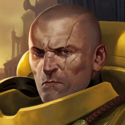 Rule 34 | 1boy, adrian4rt, armor, bald, breastplate, brown eyes, building, bullet hole, chapter master valrak, close-up, closed mouth, commentary, commission, couter, english commentary, highres, imperial fists, male focus, original, pauldrons, power armor, rerebrace, scar, scar on face, shoulder armor, solo, upper body, warhammer 40k, yellow armor