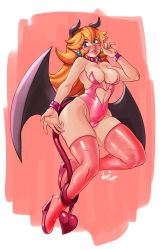 Rule 34 | 1girl, absurdres, artist name, bare shoulders, black horns, black wings, blonde hair, blue eyes, blush, boots, bracelet, breasts, cameltoe, cleavage, clothing cutout, collar, collarbone, curled horns, demon girl, demon horns, demon tail, demon wings, earrings, eyelashes, fingernails, full body, hand up, heart cutout, high heel boots, high heels, highres, horns, jewelry, leotard, lips, long fingernails, long hair, looking at viewer, m/, mario (series), nagainosfw, nail polish, navel, navel cutout, nintendo, open hand, open mouth, palms, pink background, pink bracelet, pink collar, pink footwear, pink leotard, pink nails, pink tail, princess peach, sharp fingernails, skindentation, smile, solo, strapless, strapless leotard, tail, tail around own leg, teeth, thick eyebrows, thick lips, thigh boots, thighhighs, thighs, upper teeth only, wedge heels, white background, wings