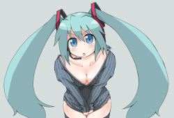 Rule 34 | &gt;:o, 1girl, :o, aqua background, aqua hair, blue eyes, blush, body blush, bottomless, breasts, cleavage, hatsune miku, headphones, headset, leaning forward, long hair, looking at viewer, naitou kouse, no nose, shirt tug, simple background, solo, sweat, sweater, thighhighs, twintails, v-shaped eyebrows, v arms, vocaloid