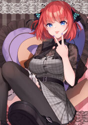 Rule 34 | 1girl, belt, bison cangshu, black ribbon, black thighhighs, blue eyes, blue nails, blunt bangs, breasts, butterfly hair ornament, buttons, cunnilingus gesture, dress, go-toubun no hanayome, hair ornament, heart, heart-shaped pillow, highres, looking at viewer, mary janes, medium breasts, nakano nino, pillow, plaid, plaid dress, pleated dress, red hair, ribbon, see-through, see-through sleeves, shoes, short hair, sitting, solo, thighhighs, tongue, tongue out, v
