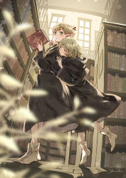 Rule 34 | 2girls, ankle boots, black capelet, black dress, blonde hair, blurry, blush, bokeh, book, bookshelf, boots, braid, capelet, ceiling, closed eyes, day, depth of field, dress, dungeon meshi, elf, falin touden, falin touden (tallman), floor, from below, from side, full body, green eyes, hands up, highres, holding, holding book, hood, hood down, hooded capelet, hug, hug from behind, imminent hug, indoors, kawaku, library, long hair, long sleeves, looking at viewer, looking to the side, marcille donato, multiple girls, plant, pointy ears, railing, running bond, school uniform, short hair, signature, smile, standing, sunlight, surprised, window